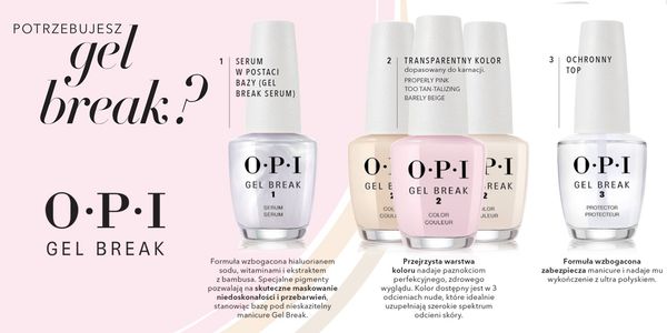 Polecamy ! OPI GEL BREAK TREATMENT SYSTEM  . Baza maskująca niedoskonałości płytki paznokcia z efektem połysku w naszym salonie .